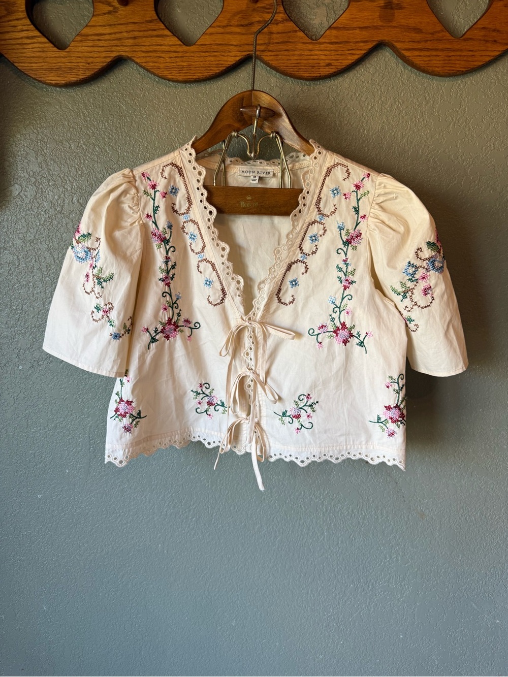 Moon River Cream Embroidered Tie-Front Peasant Blouse